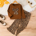girls' two-piece set: brown long-sleeve top with leopard print bow detail and flared pants - casual kids' outfit