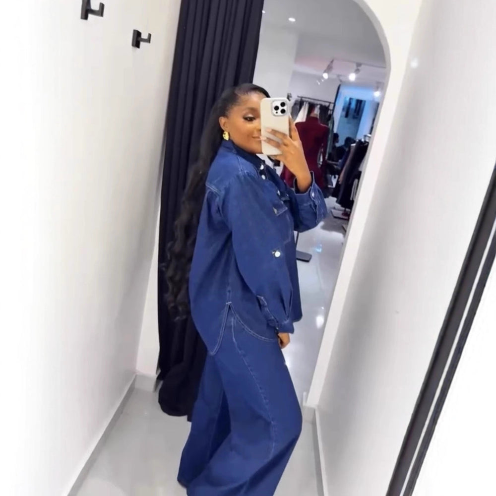 Amazon european and american clothing cross-border new arrival: fashionable retro denim cardigan long-sleeve top and straight-leg pants set