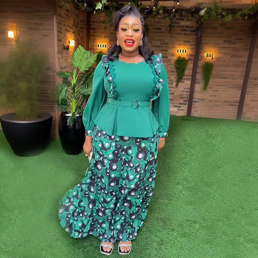 European and american cross-border e-commerce african women's plus size printed dress  elegant commuter skirt two-piece set