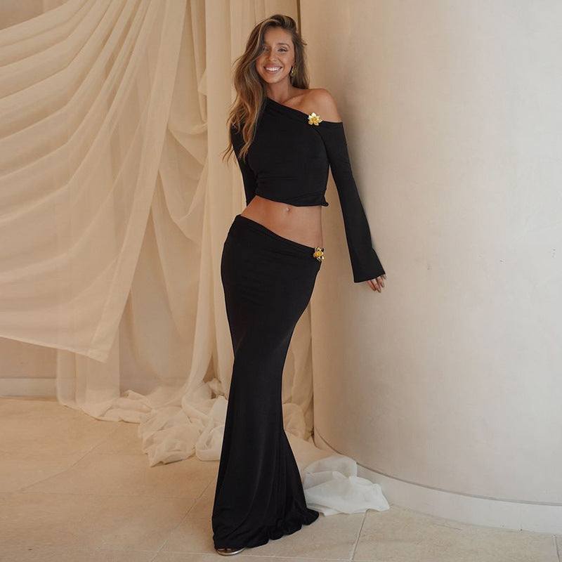 Autumn new arrivals: european and american style fashionable one-shoulder metallic detail flared sleeve top and high-waisted midi skirt set