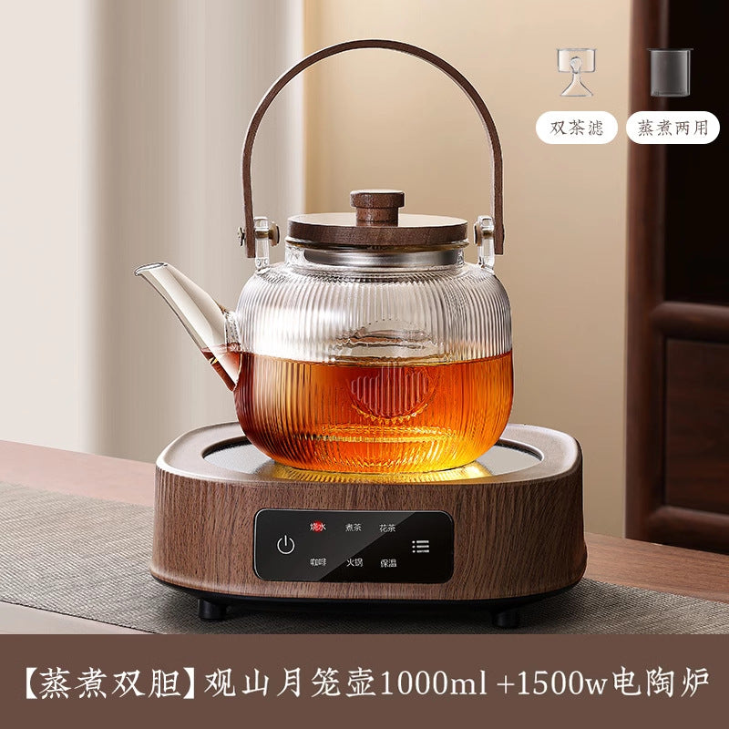 A complete set of wood grain electric ceramic stoves for making tea around the stove, a set of glass teapots for making tea around the stove, and an electric stove