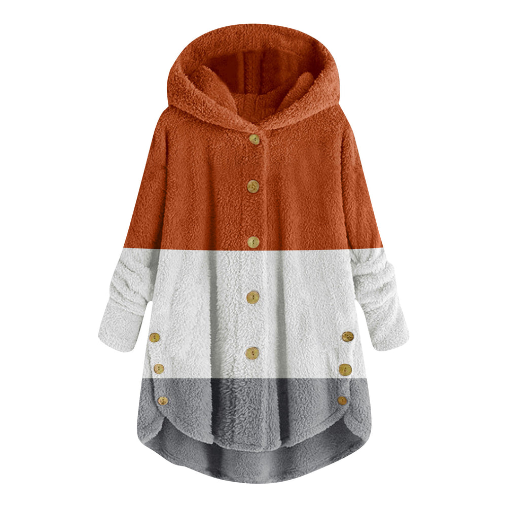new fashion women's european and american button-down plush top color block multi-color hooded jacket