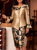 Autumnew arrivalwork clothing hip skirttwo-piece set printing bell sleeve shawl collar church elegantsilm skirt suit