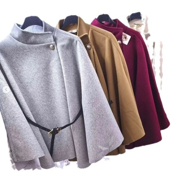 fashion women's winter elegant solid color waist-cinching tie-up wool blend cape coat