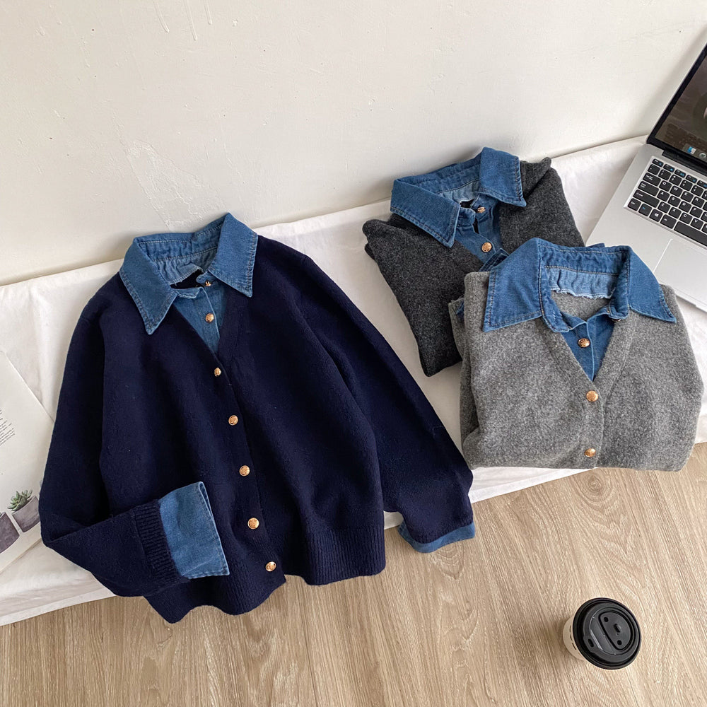 K-style denim patchworkfake two-piece knitting shirtsweater women's looseslimming lookwork clothing styletopsautumeasiest for match