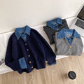 K-style denim patchworkfake two-piece knitting shirtsweater women's looseslimming lookwork clothing styletopsautumeasiest for match