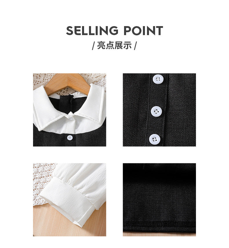 Girl fake two-piece vest dress small fragrant style cutelong sleevesshirtkids black and white patchworkvest long skirt