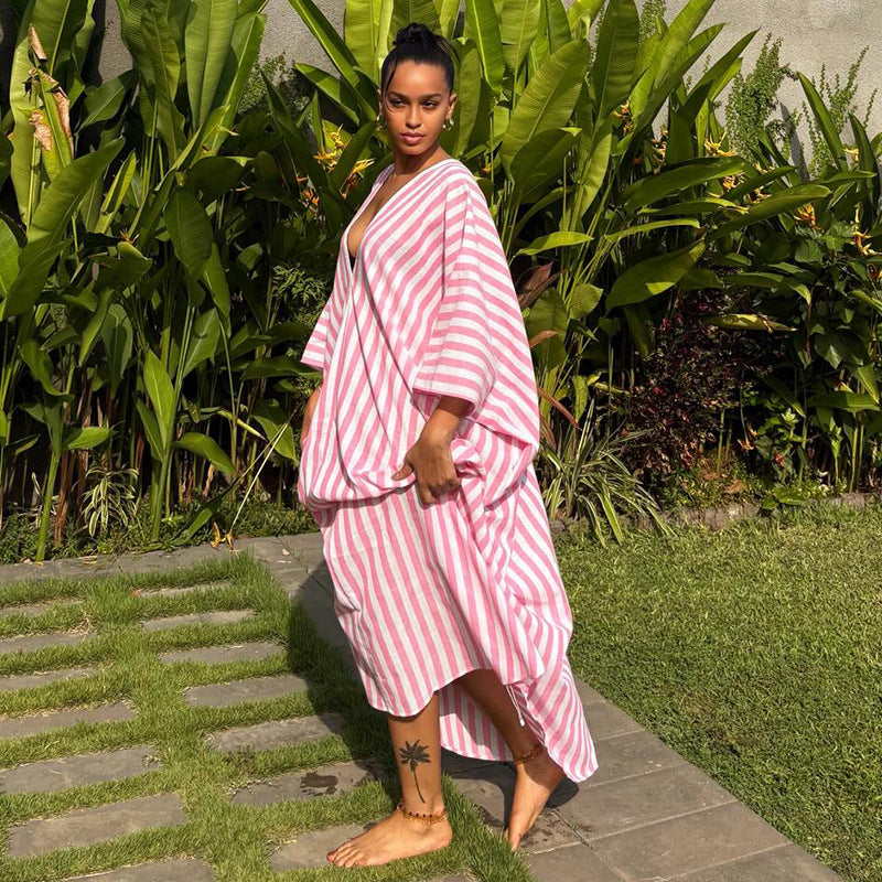 European and american plus-size women's clothing:  autumn new arrivals - stylish and chic vacation-ready pink striped maxi dress