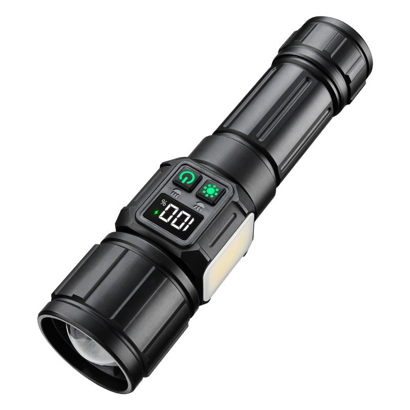 Cross-border white laser + COB strong light flashlight USB charging outdoor zoom smart screen display magnetic LED flashlight