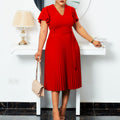Q006t summer v-neck solid color sexy deep sleeve high waist flared pleated skirt european and american african foreign trade plus size dress
