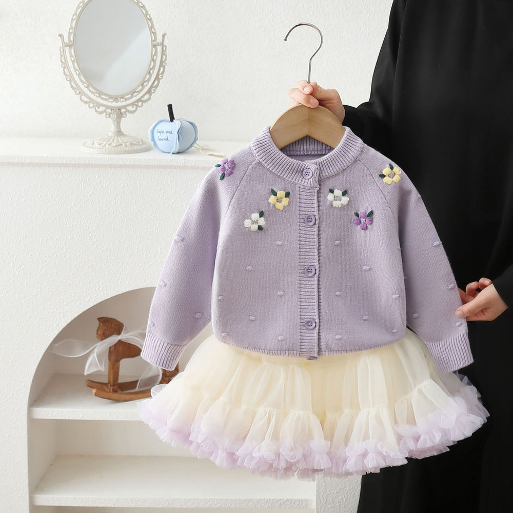 Girls' cardigan sweater princess dress two-piece set with embroidered floral tutu skirt - korean style knitted outfit for baby girls