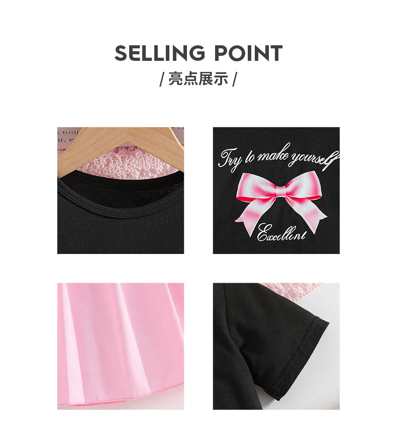 Girls' export skirt set: pink pleated skirt & round neck bow print t-shirt two-piece outfit