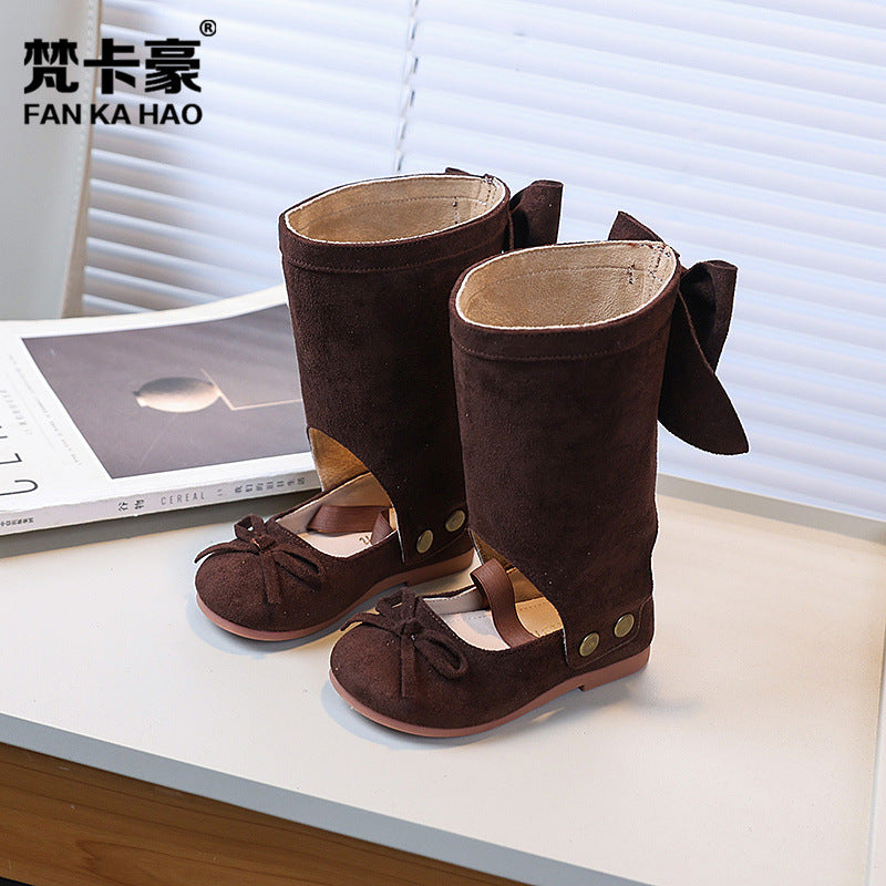 Vancahao ballet style leather boots  new korean style girls' bowknot princess shoes kids' fashion over-the-knee boots trendy