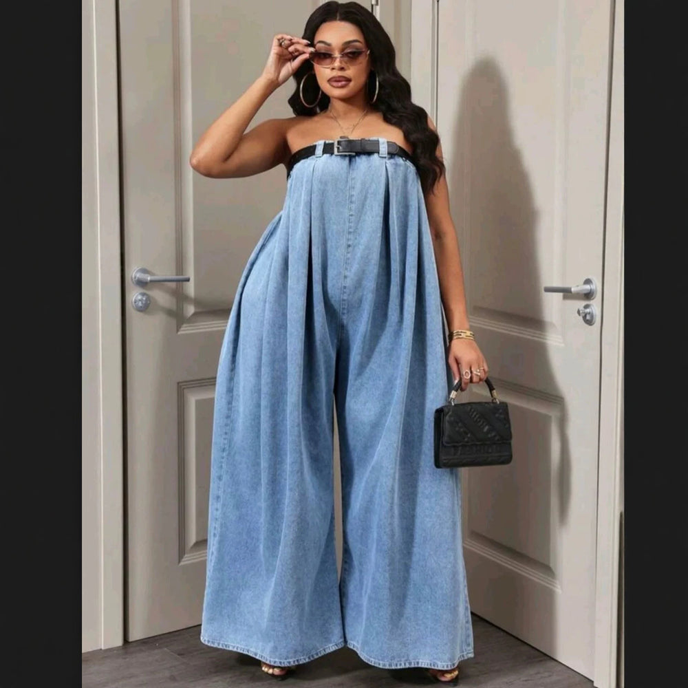 European and american style loose denim jumpsuit -  cross-border women's summer fashion sexy bandeau off-shoulder wide leg pants