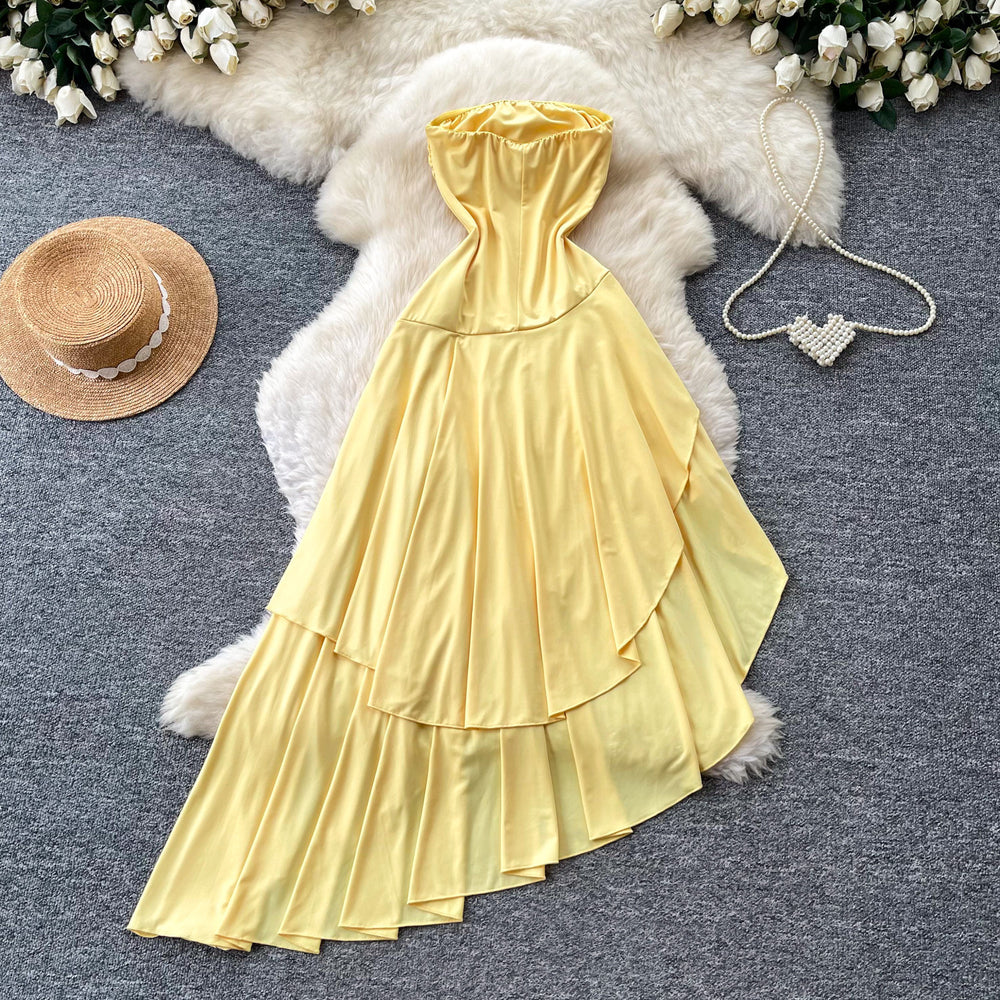 French riviera style bandeau ruffle asymmetrical dress - women's summer yellow slimming elegant maxi dress