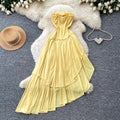 French riviera style bandeau ruffle asymmetrical dress - women's summer yellow slimming elegant maxi dress