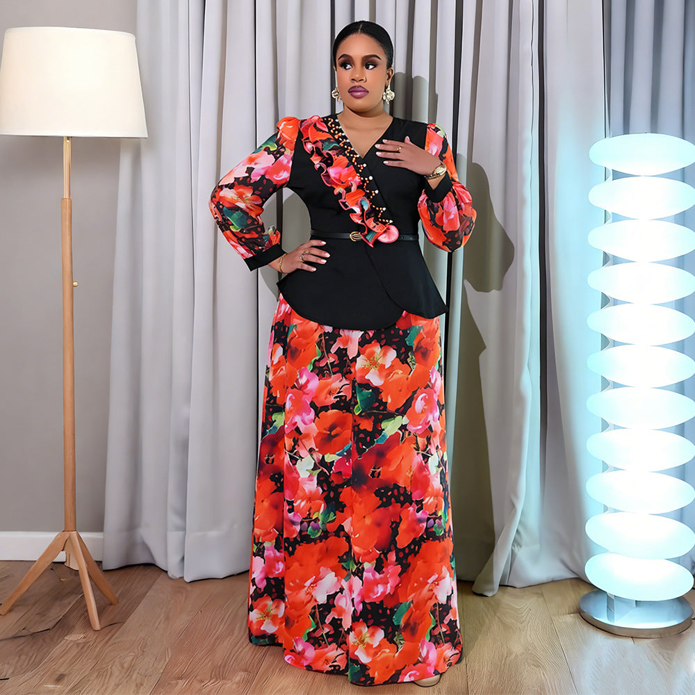 new african plus size women's chiffon printed two-piece v-neck dress set -  cross-border e-commerce