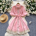 summer women's vintage-inspired court style dress: exquisite lace patchwork, tie-waist, lantern sleeves, and mesh overlay