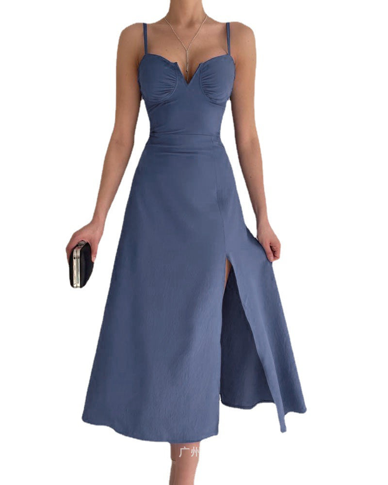 Spot  new 2022 women's clothing European and American new chest cup suspender slit dress