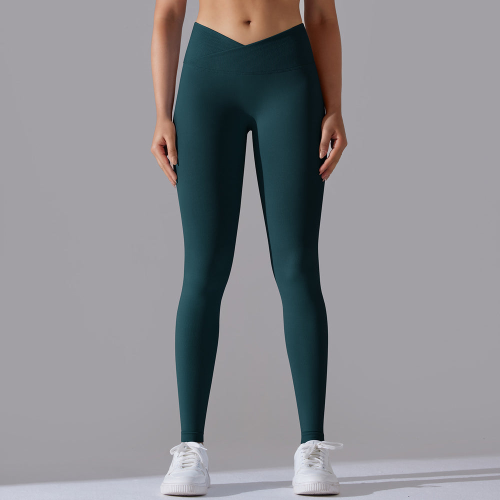 fashion seamless knitting breathable pure color cross waist peach hip yoga pants running fitness nine-point pants women
