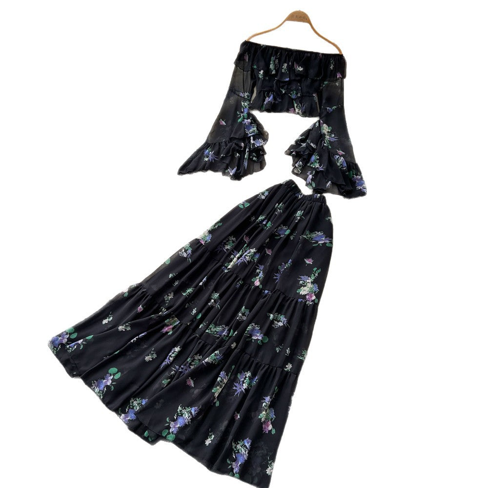 French holiday style one shoulder floral tops high waist skirt women's summertwo-piece set atmosphere elegantsuit