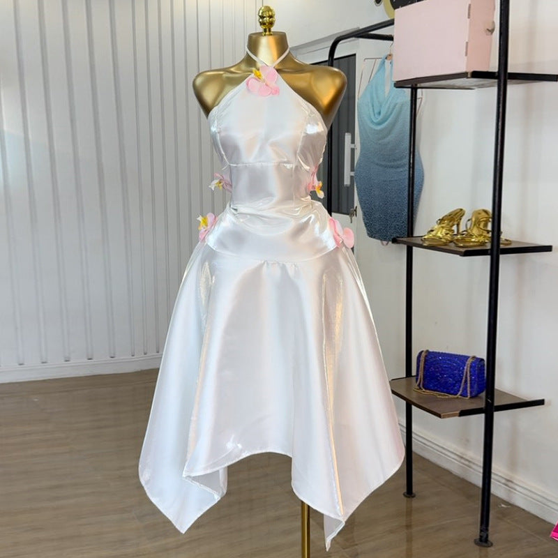 European and american cross-border women's fashion:  summer new arrivals - sexy and elegant butterfly embellished high-waisted halter neck asymmetrical dress