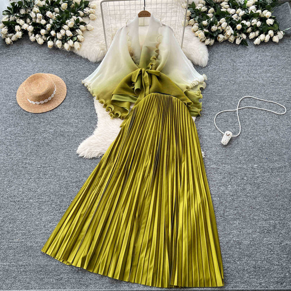 Fashion pleated suit women's strappy waist gradient color pressed pleated cardigantopshigh waistpleated skirttwo-piece set