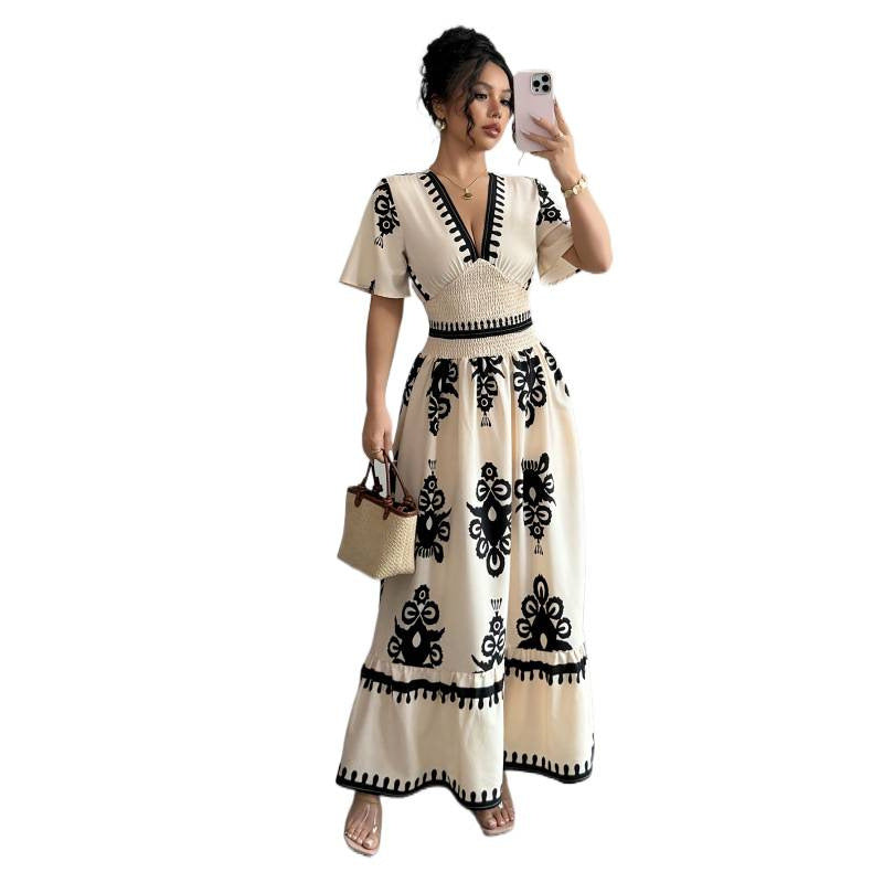 Aliexpress 1688 independent station in stock women's summerprintingv neck longdress