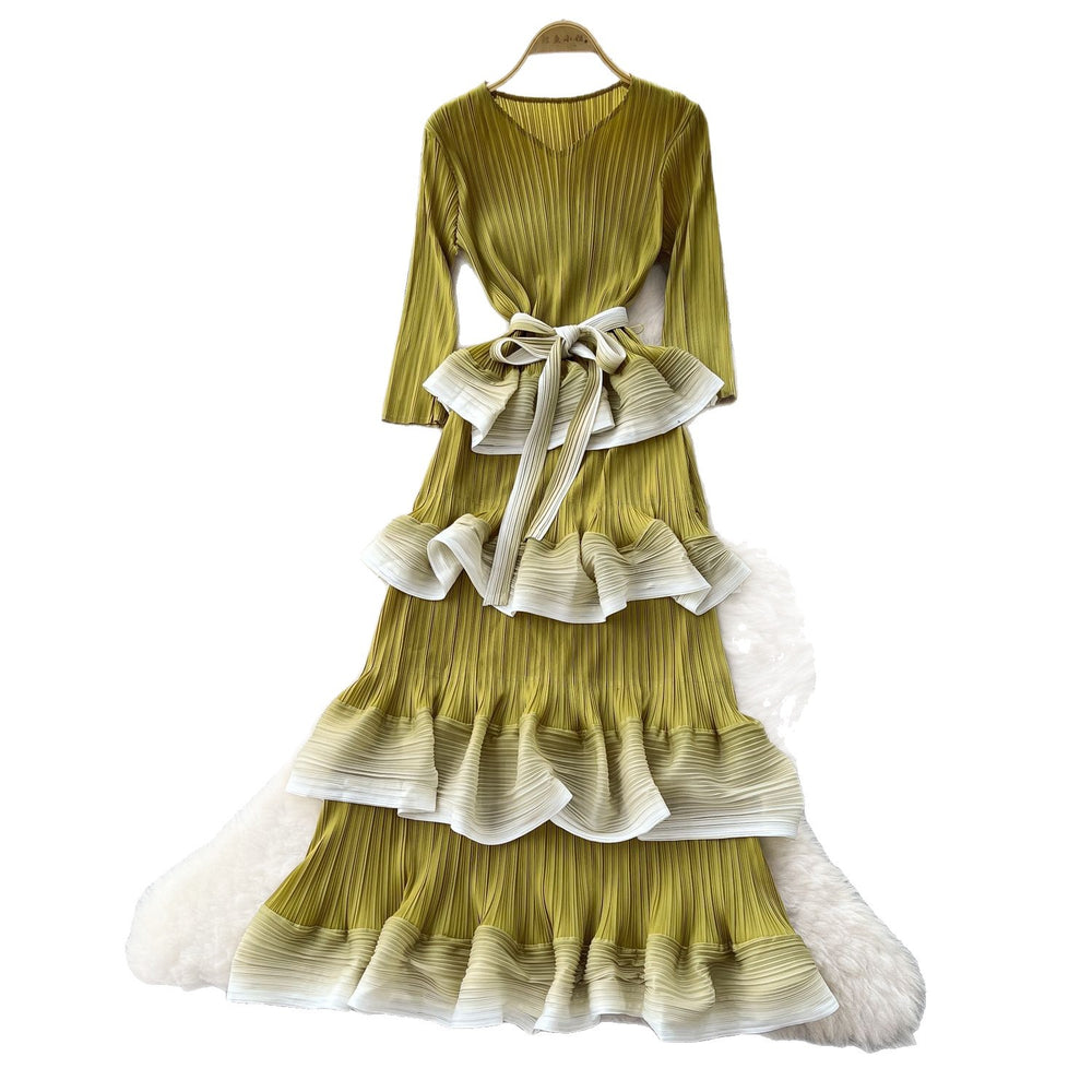 Miya pleated dress - women's  new arrival: high-end tie-waist gradient ruffle pleated maxi dress