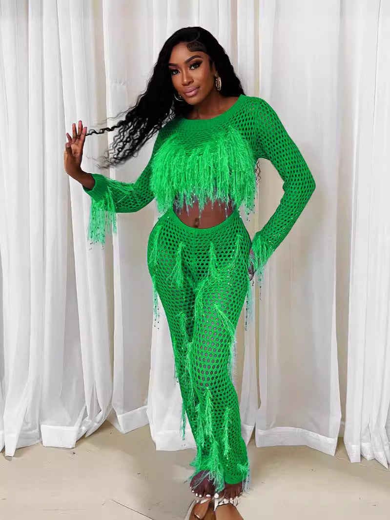 supply new arrival european and american clothing sexy imitation mink hair handmade tassel knittingcut outseparates jumpsuit