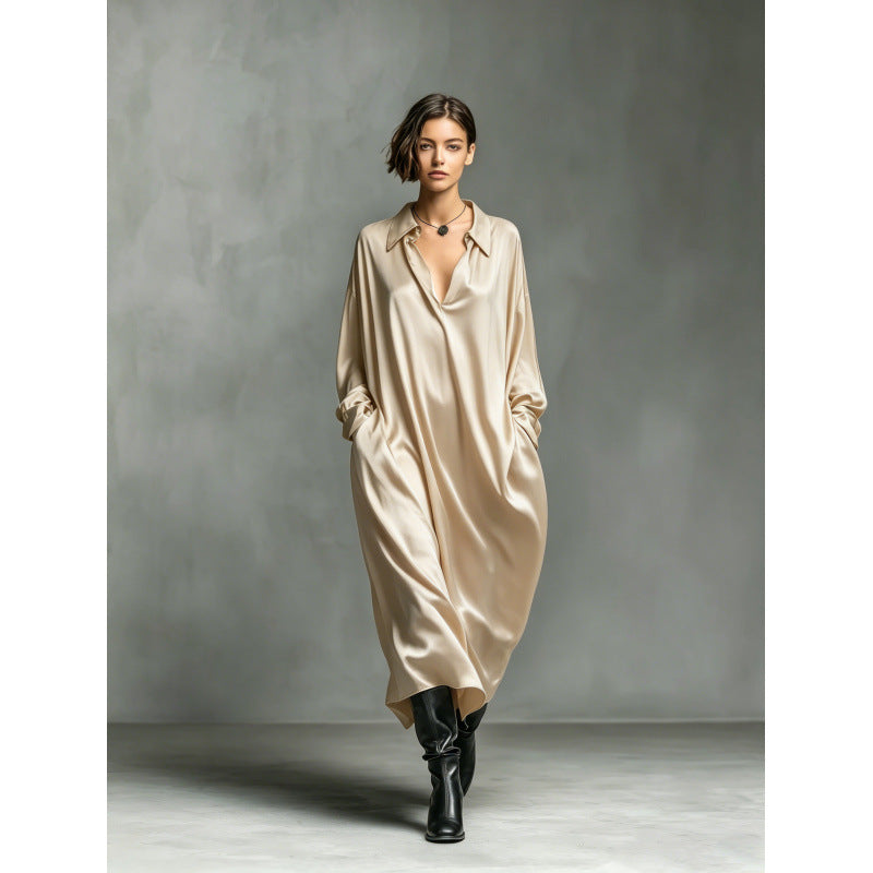 European and american cross-border new solid color satin long sleeve shirt dress