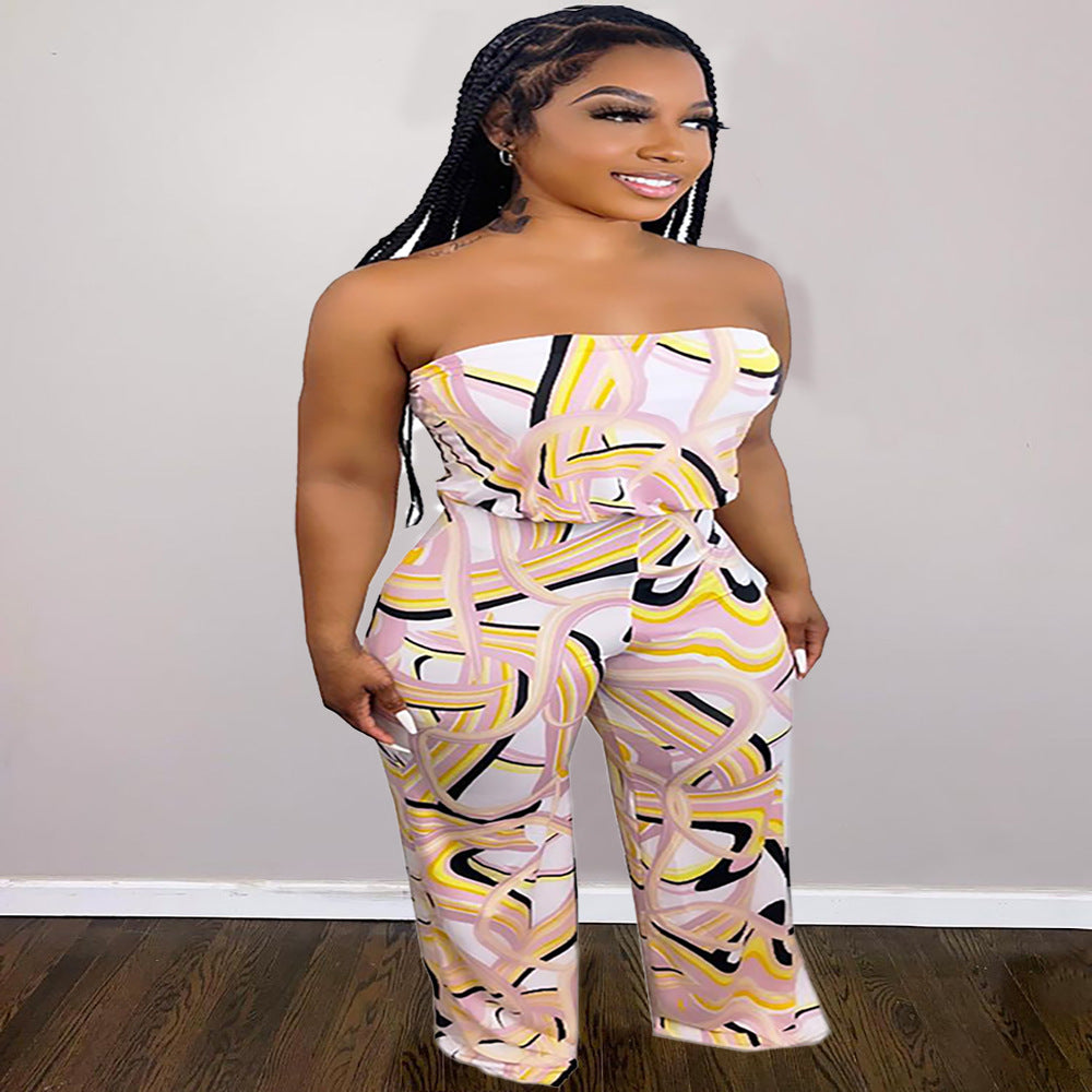European and american cross-border women's fashion:  new sexy printed off-the-shoulder wide-leg jumpsuit