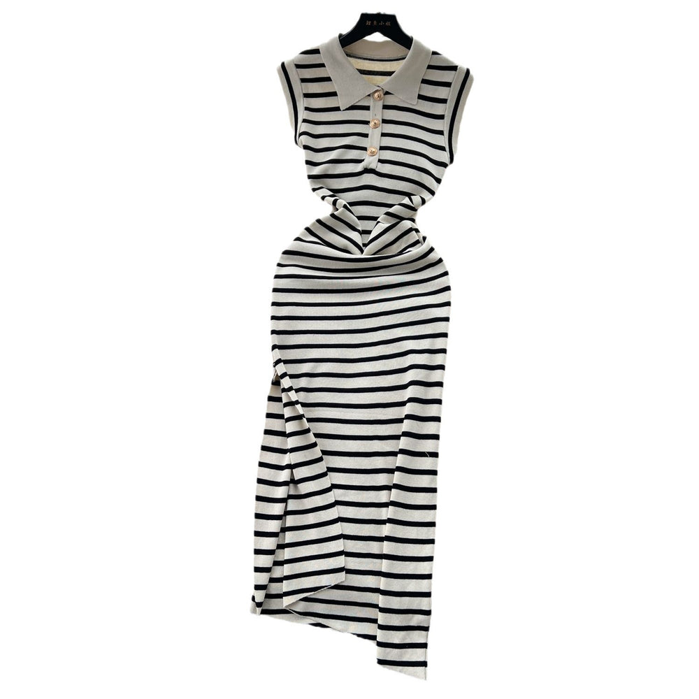 Korean chic niche retro polo collar sleeveless color block striped slit irregular knit dress