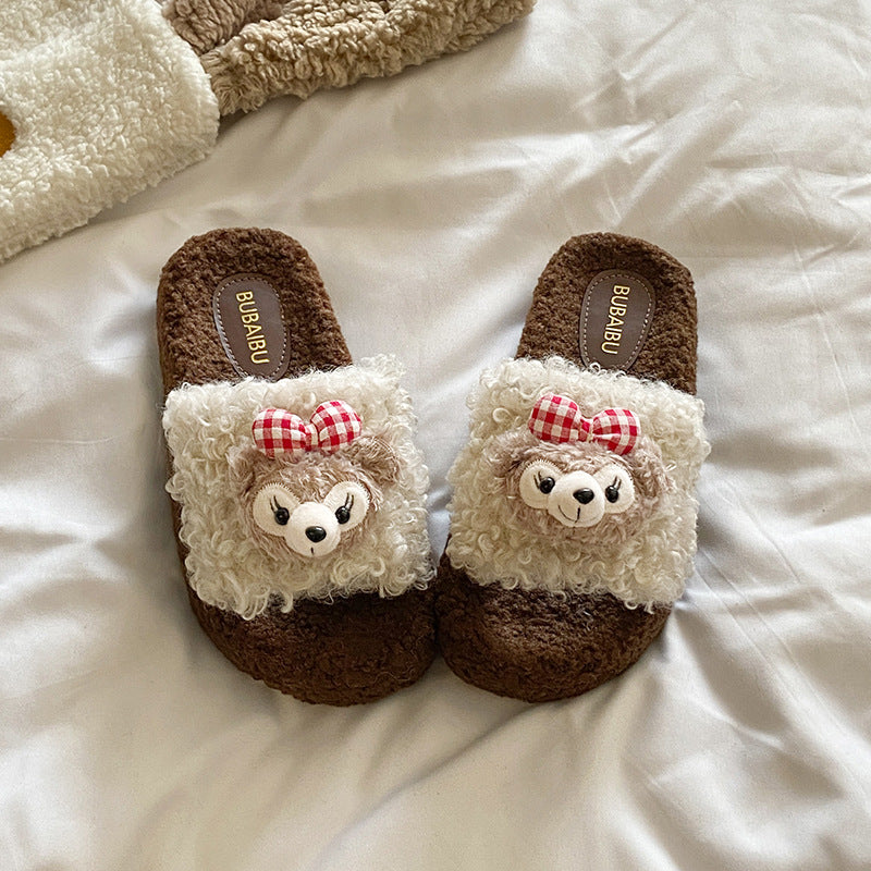 Cute shirley rose curly teddy hair thick cashmere cotton slippers women's fall and winter outwear non-slipheattech open toe cotton