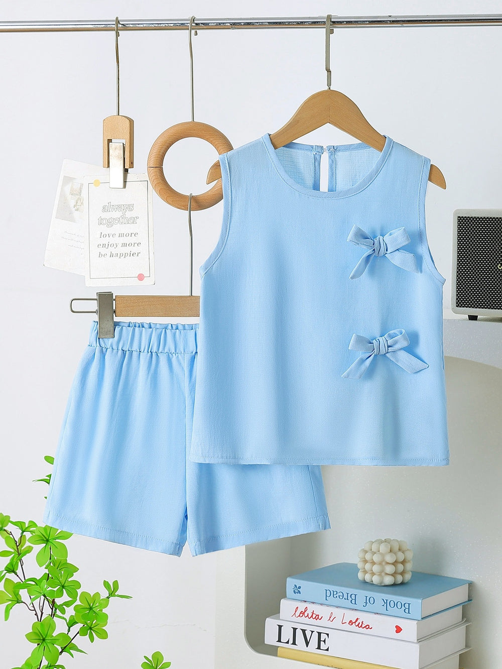 summer girls' sleeveless tank top and shorts set - light blue bow detail two-piece outfit for kids