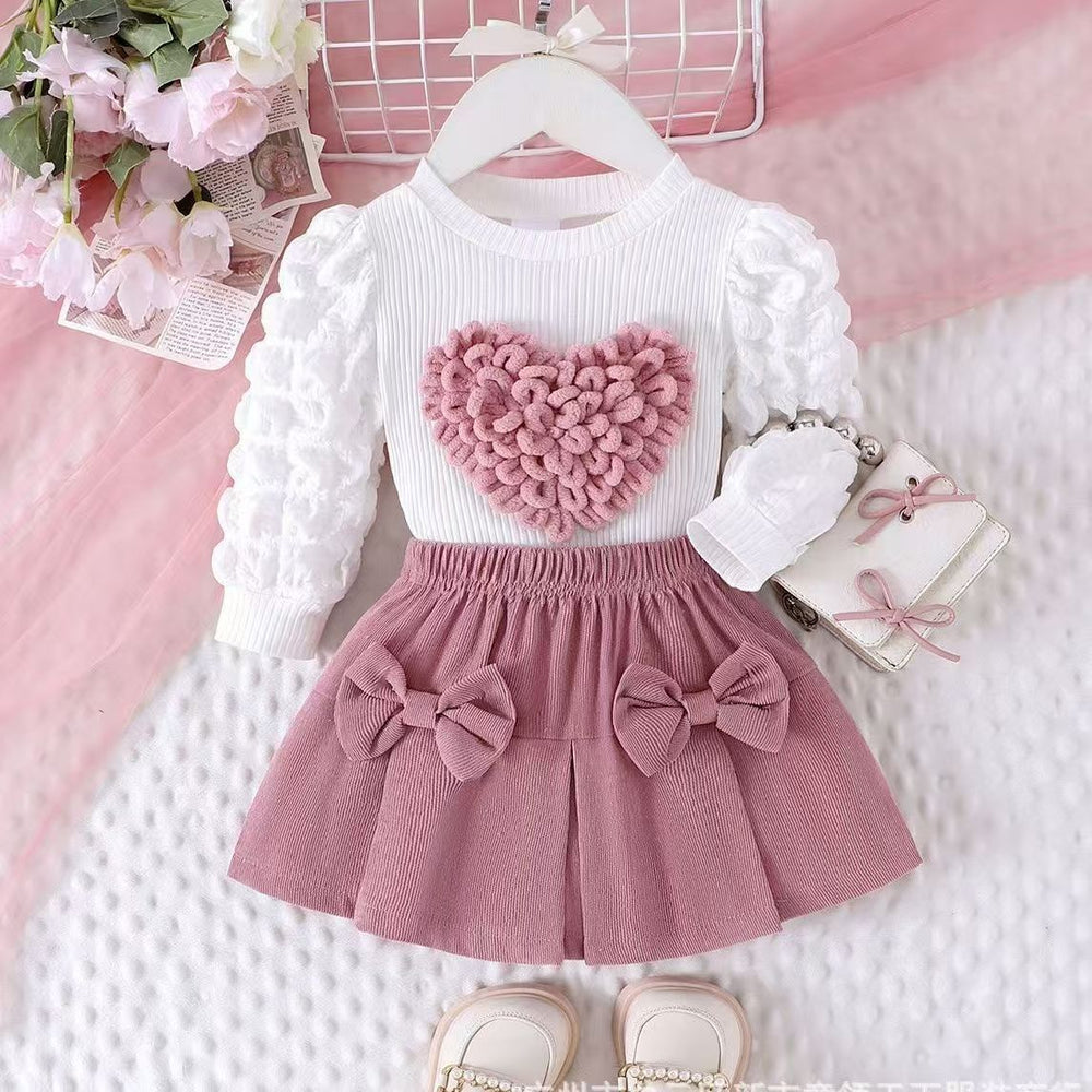 Children's clothing new arrival puff sleeve heart chapter tops+rose red bows skirt set