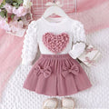 Children's clothing new arrival puff sleeve heart chapter tops+rose red bows skirt set