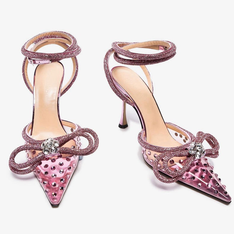 personalized high-heeled sandals bows rhinestone women's shoes stiletto pointed high heels fashion women's cross-border exclusive supply