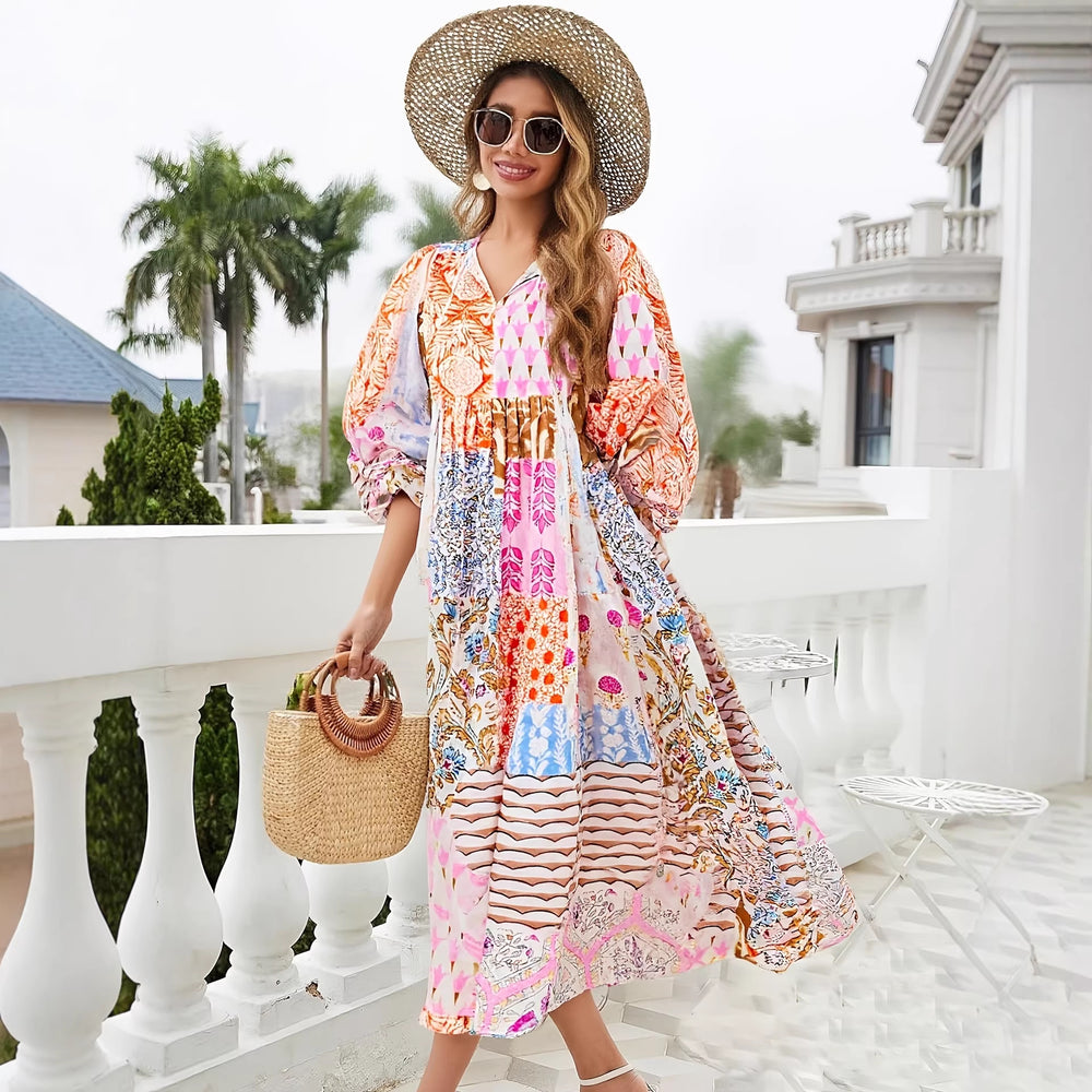 European and american cross-border   spring/summer printed vacation dress - beach, seaside, siam style sun protection maxi dress