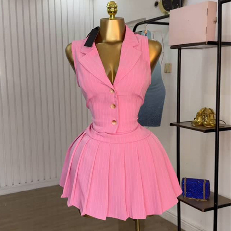 European and american cross-border women's fashion  summer new pink blazer collar button-down striped vest pleated midi skirt set