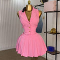 European and american cross-border women's fashion  summer new pink blazer collar button-down striped vest pleated midi skirt set