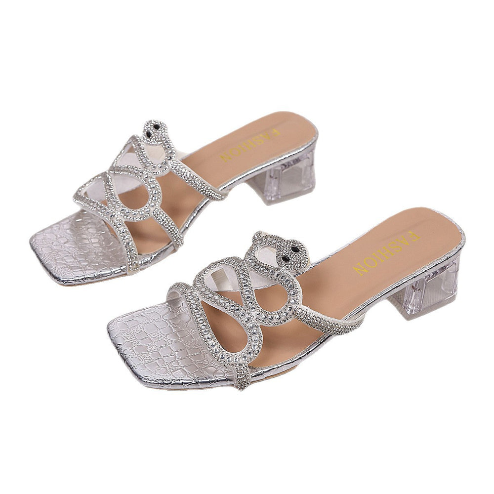 Export cross-border plus size women's shoes summer fashion rhinestone snake-shaped flats slippers stylish wear flat heel sandals