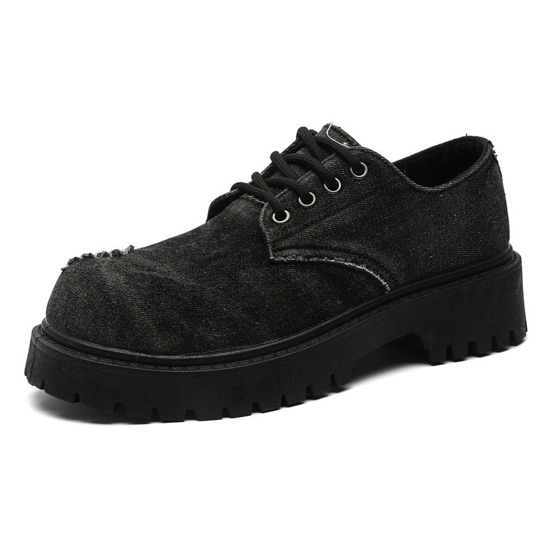 Men's leather shoes springsense of designniche style denim hole derby shoes trendycasualthick sole big toe beggar trendy shoes
