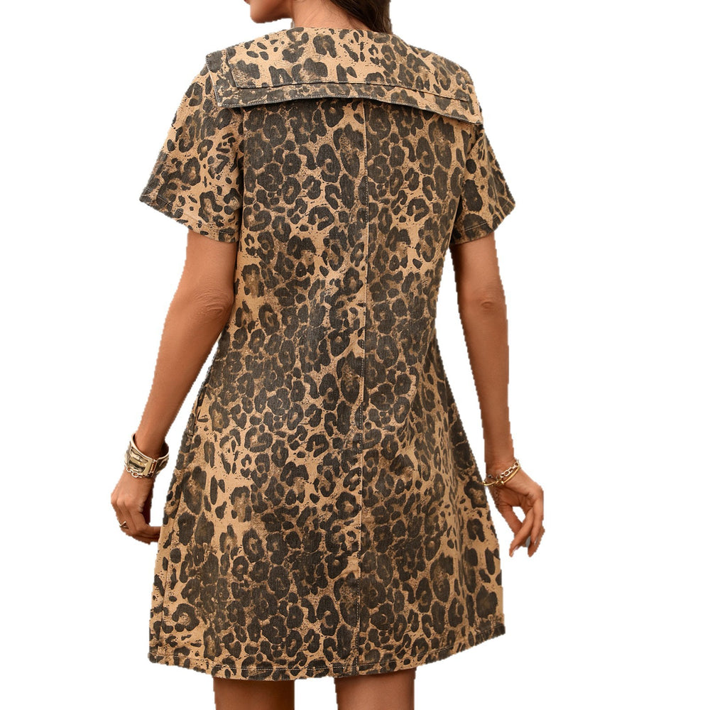 Fashion cross-border export leopard print denim dress navy collar short-sleeved single-breasted tie back waist a-line mid-length skirt
