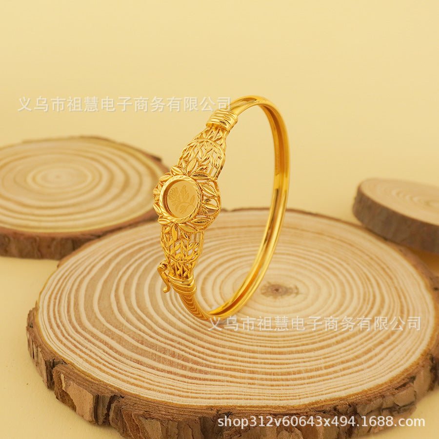 Trendy bohemian gold-plated copper bangle with open-end design - a high-end, luxurious bracelet perfect as a bridal gift