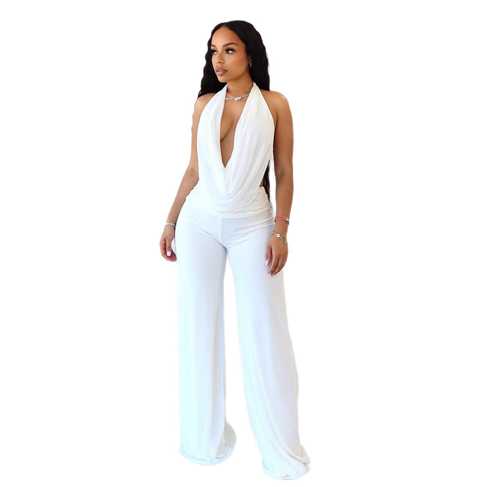 Aliexpress european and american women's clothing  spring/summer new collection: solid color casual scoop neck backless top & sexy wide-leg pants set