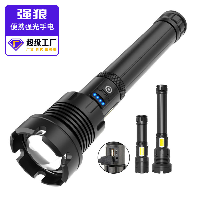 Direct sales flashlight P70/P90 + COB red and white light, strong light flashlight USB charging outdoor zoom LED flashlight