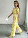girls' fashion two-piece set: multi-colored zebra print off-the-shoulder cinched waist top and high-waisted wide-leg pants kids' outfit