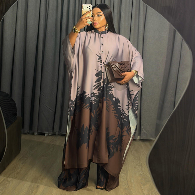 European and american cross-border women's clothing  summer new arrivals: african-style plus size printed loose longline shirt and wide-leg pants set