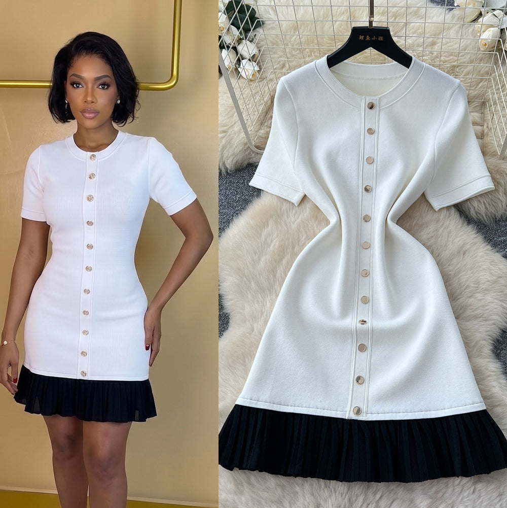 Xiaoxiangfeng knittingdress women's  summer fashion metal button short sleeve pleated patchwork classy work clothing skirt